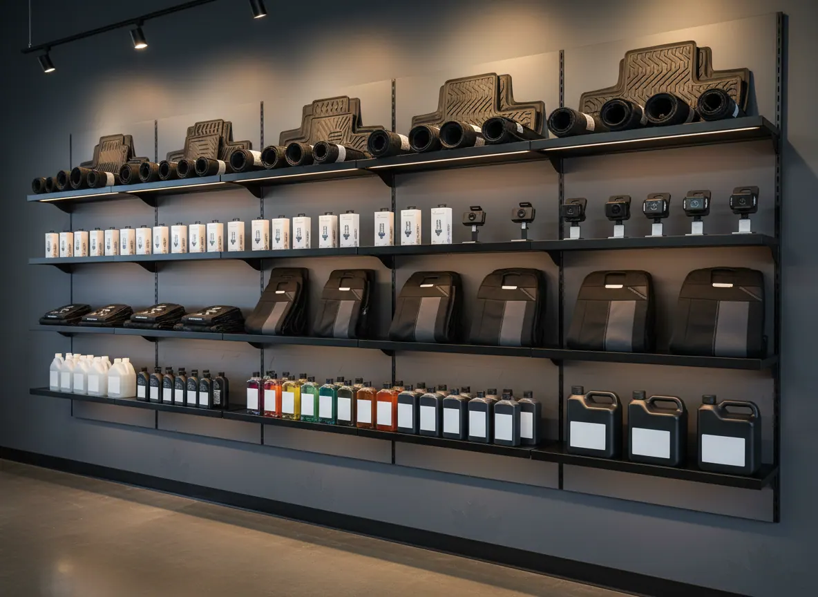 A modern accessories showroom wall with floor mats, LED bulbs, dash cameras and car-care bottles on black shelving