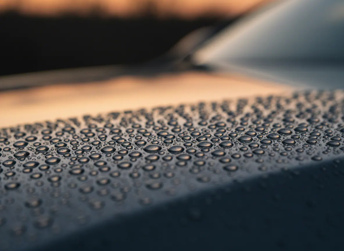 Water beading tightly on a ceramic-coated dark grey car hood under warm rim light