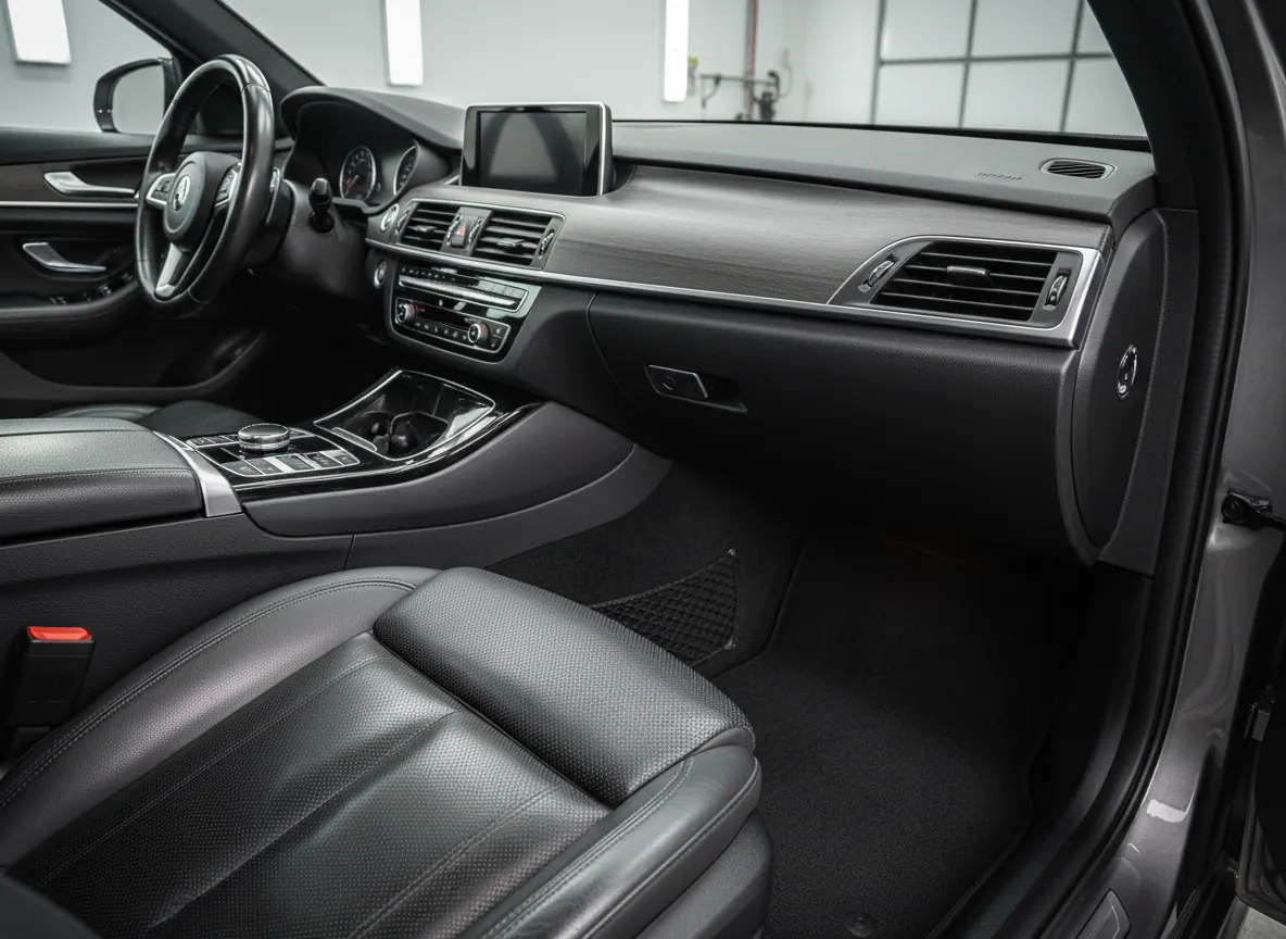 A deep-cleaned car interior with conditioned black leather seats, clean dashboard and dark carpet