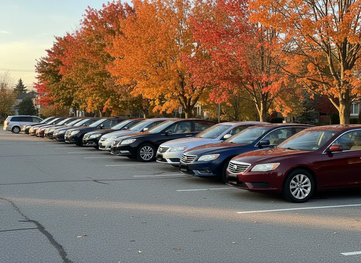 Freshly detailed sedans and minivans lined up in an Ontario parking lot under autumn maples
