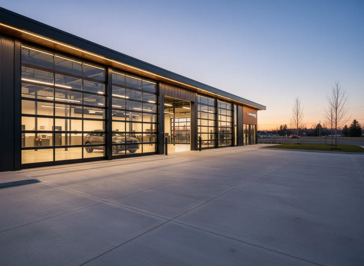 A modern automotive service centre at dusk with glowing glass roll-up bay doors and a dark SUV parked inside