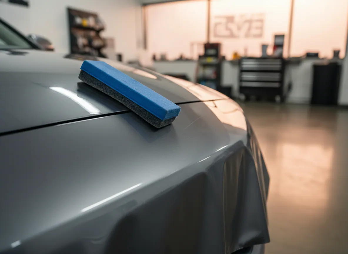 A satin grey vinyl wrap freshly applied to a car fender in a clean detailing studio